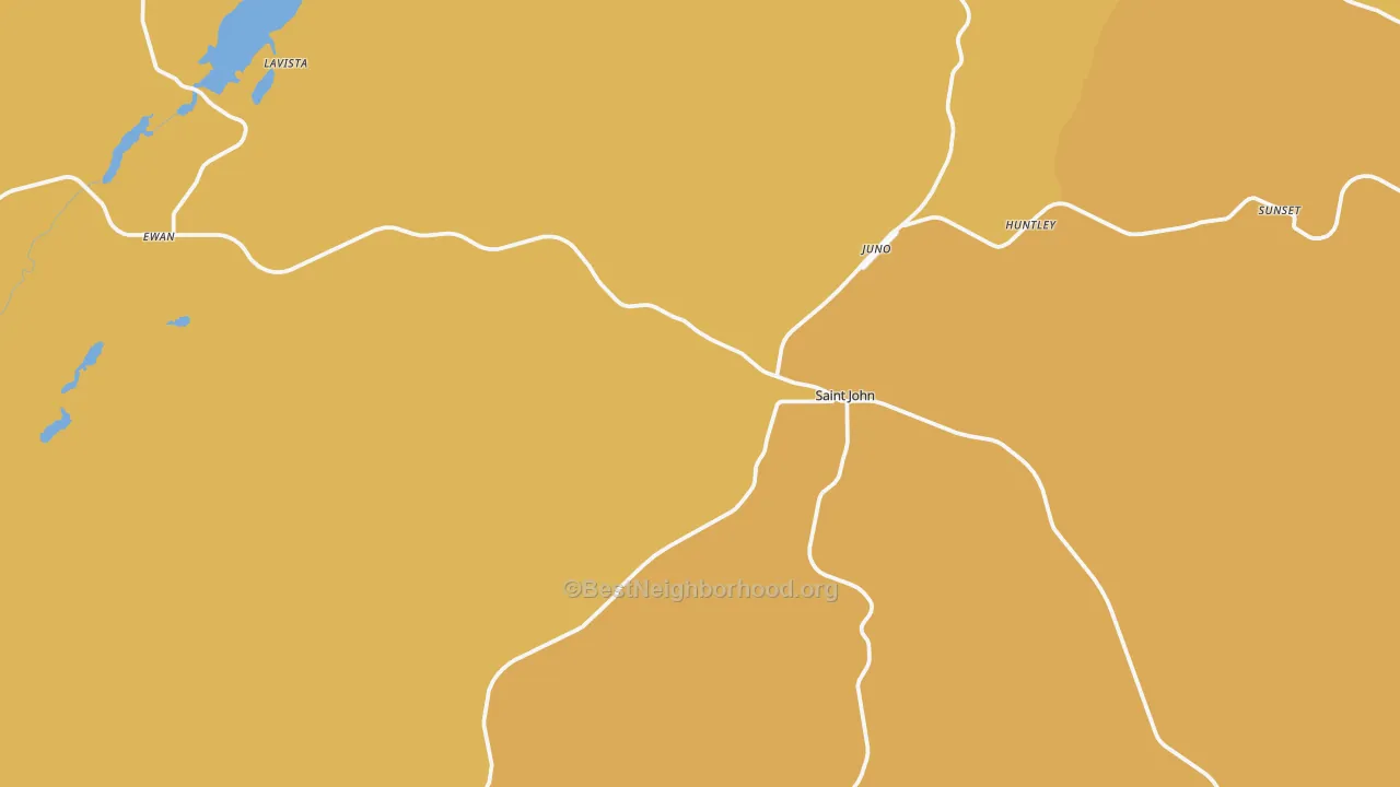 Map of the best neighborhoods in the St. John area, with better matches in green and worse matches in red