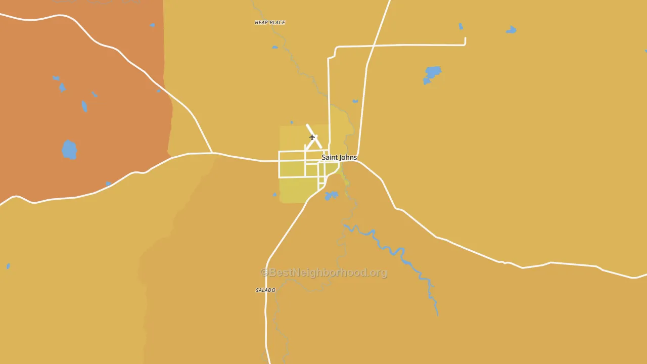Map of the best neighborhoods in the St. Johns area, with better matches in green and worse matches in red