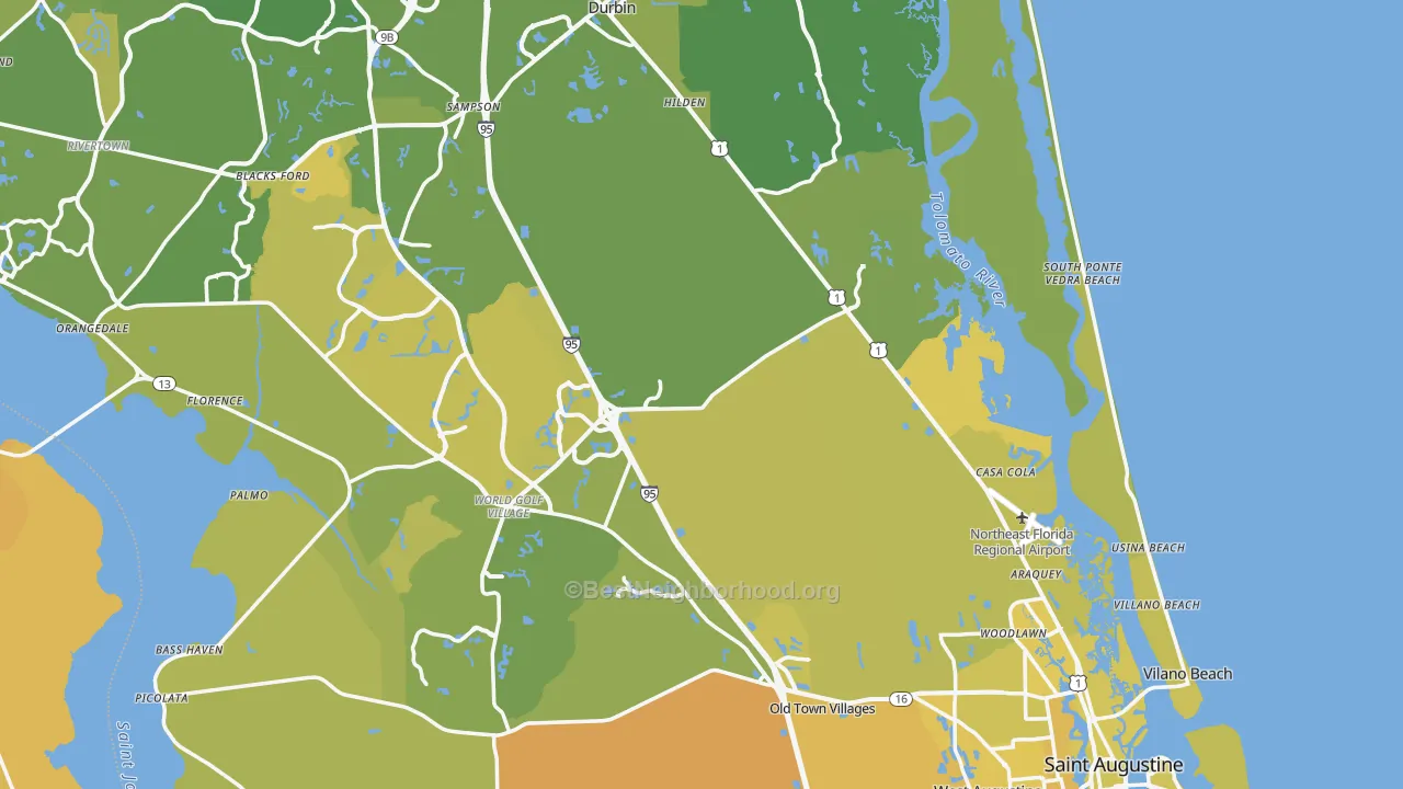 Map of the best neighborhoods in the St. Johns County area, with better matches in green and worse matches in red