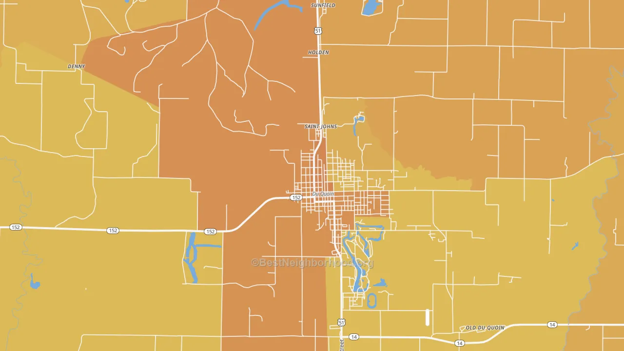 Map of the best neighborhoods in the St. Johns area, with better matches in green and worse matches in red