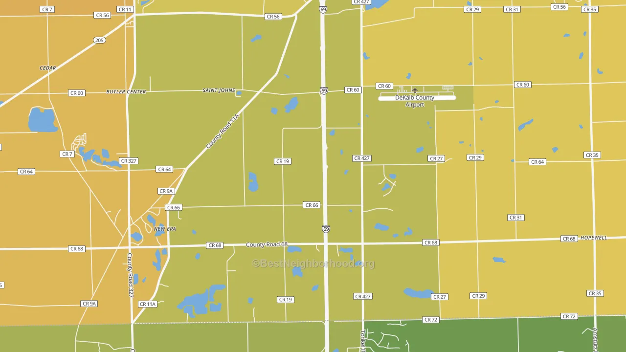 Map of the best neighborhoods in the St. Johns area, with better matches in green and worse matches in red