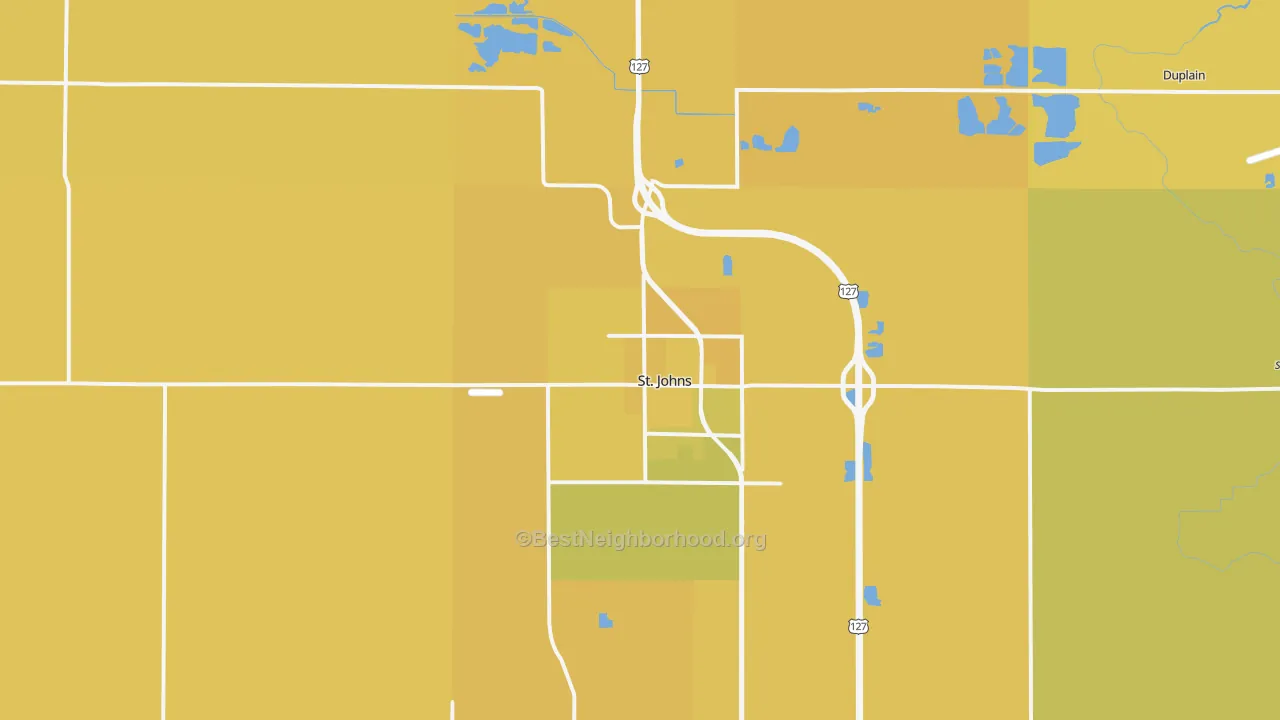 Map of the best neighborhoods in the St. Johns area, with better matches in green and worse matches in red