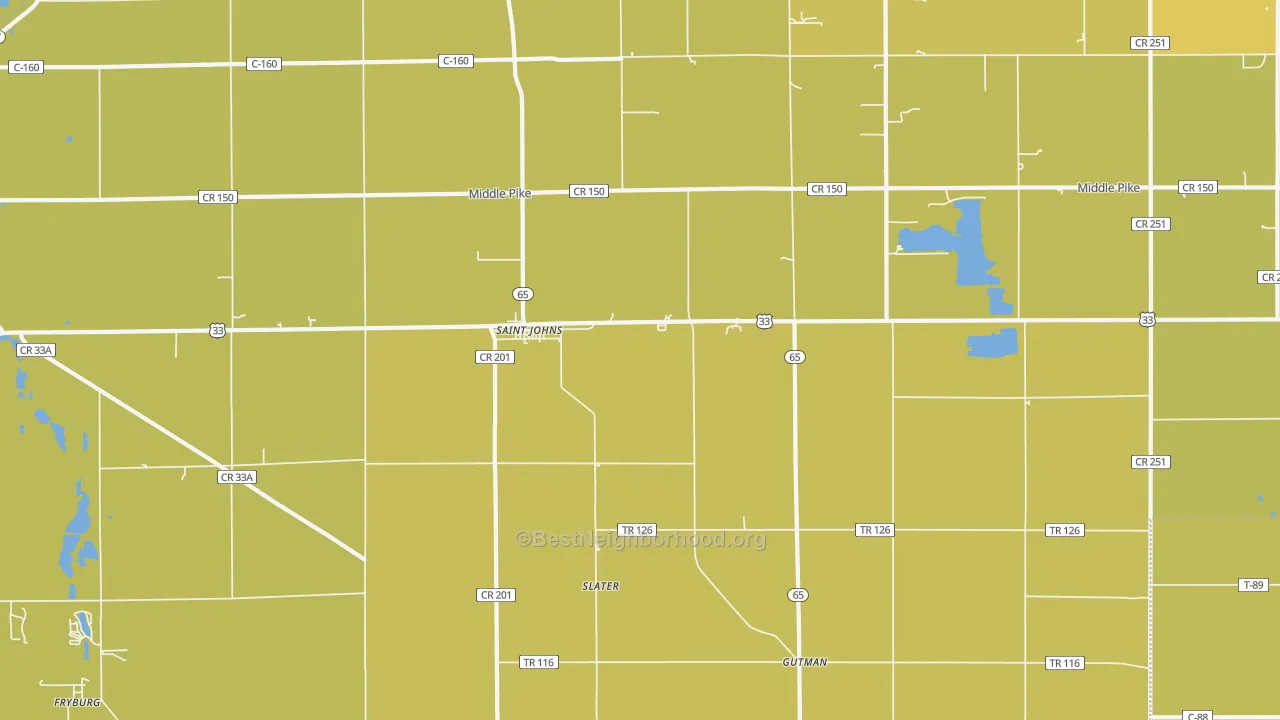 Map of the best neighborhoods in the St. Johns area, with better matches in green and worse matches in red