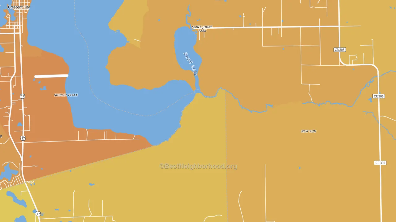 Map of the best neighborhoods in the St. Johns Park area, with better matches in green and worse matches in red