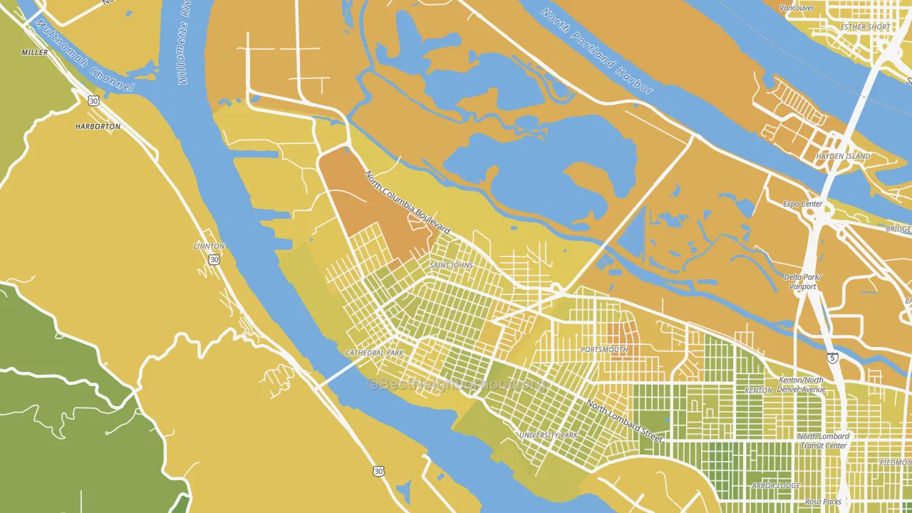 Map of the best neighborhoods in the St. Johns, Portland area, with better matches in green and worse matches in red