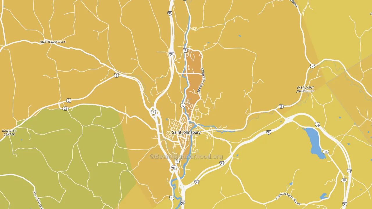 Map of the best neighborhoods in the St. Johnsbury area, with better matches in green and worse matches in red