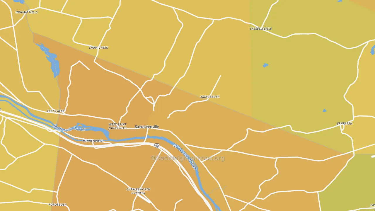 Map of the best neighborhoods in the St. Johnsville area, with better matches in green and worse matches in red
