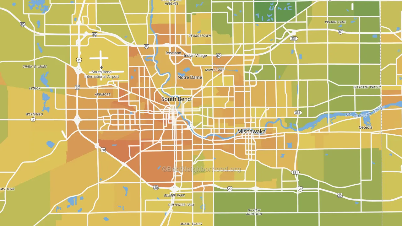 Map of the best neighborhoods in the St. Joseph County area, with better matches in green and worse matches in red
