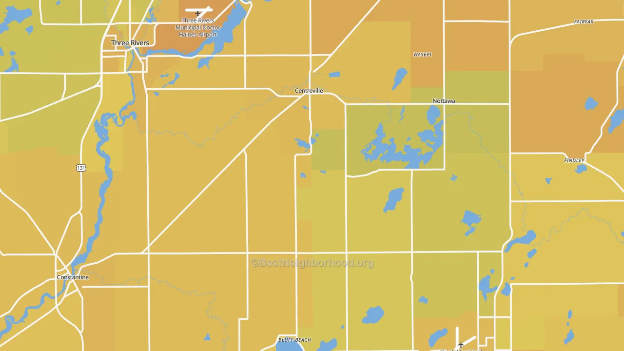 Map of the best neighborhoods in the St. Joseph County area, with better matches in green and worse matches in red