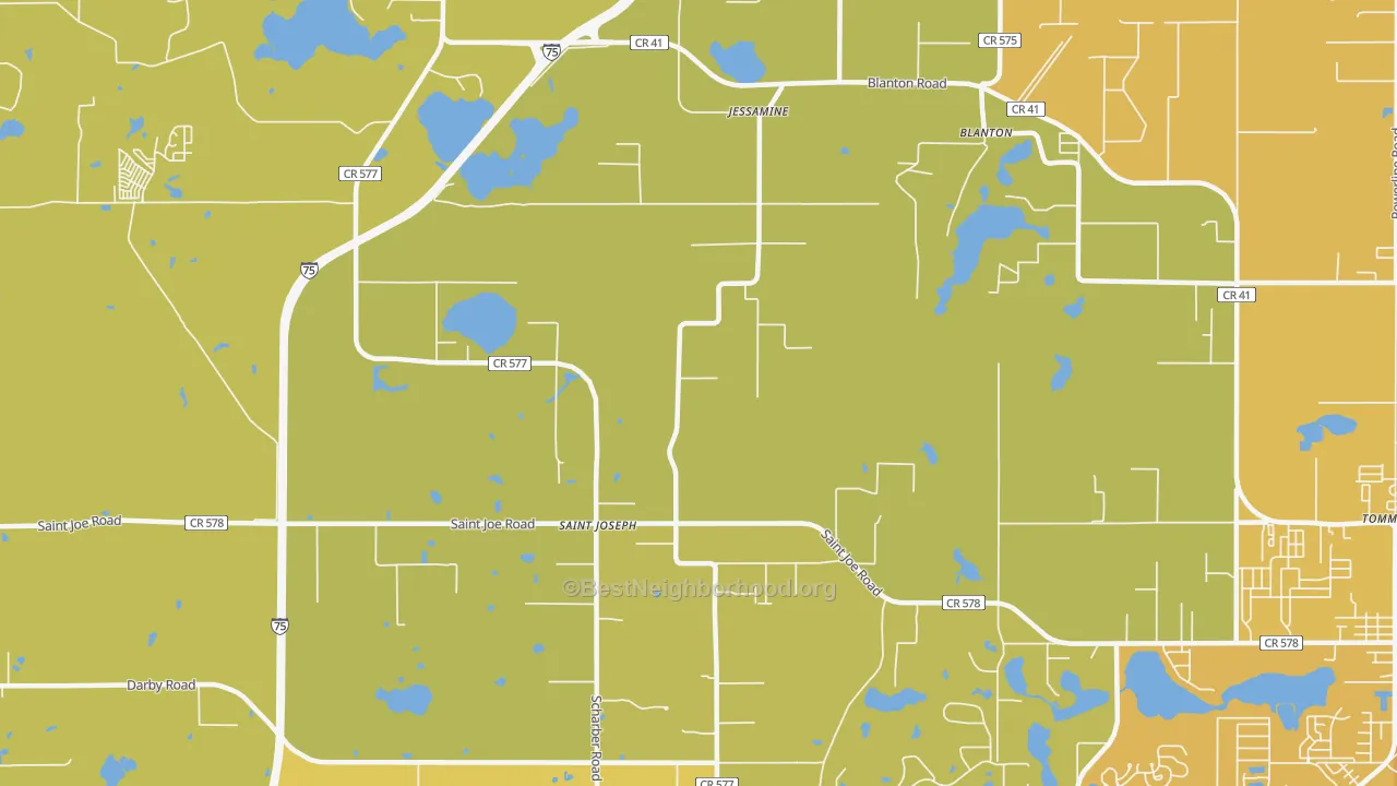Map of the best neighborhoods in the St. Joseph area, with better matches in green and worse matches in red
