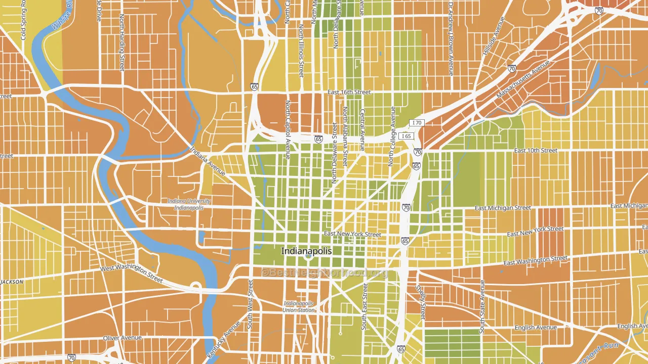 Map of the best neighborhoods in the St. Joseph Historic Neighborhood, Indianapolis area, with better matches in green and worse matches in red