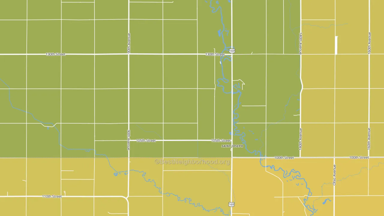 Map of the best neighborhoods in the St. Joseph area, with better matches in green and worse matches in red
