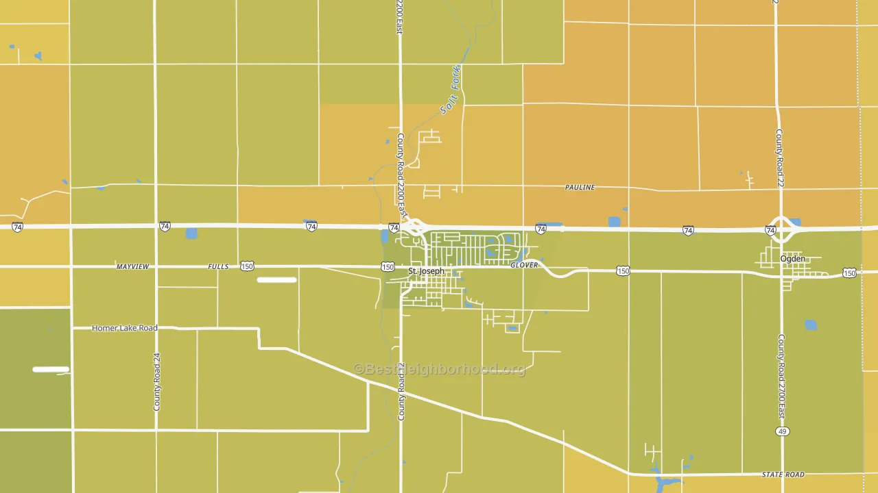 Map of the best neighborhoods in the St. Joseph area, with better matches in green and worse matches in red