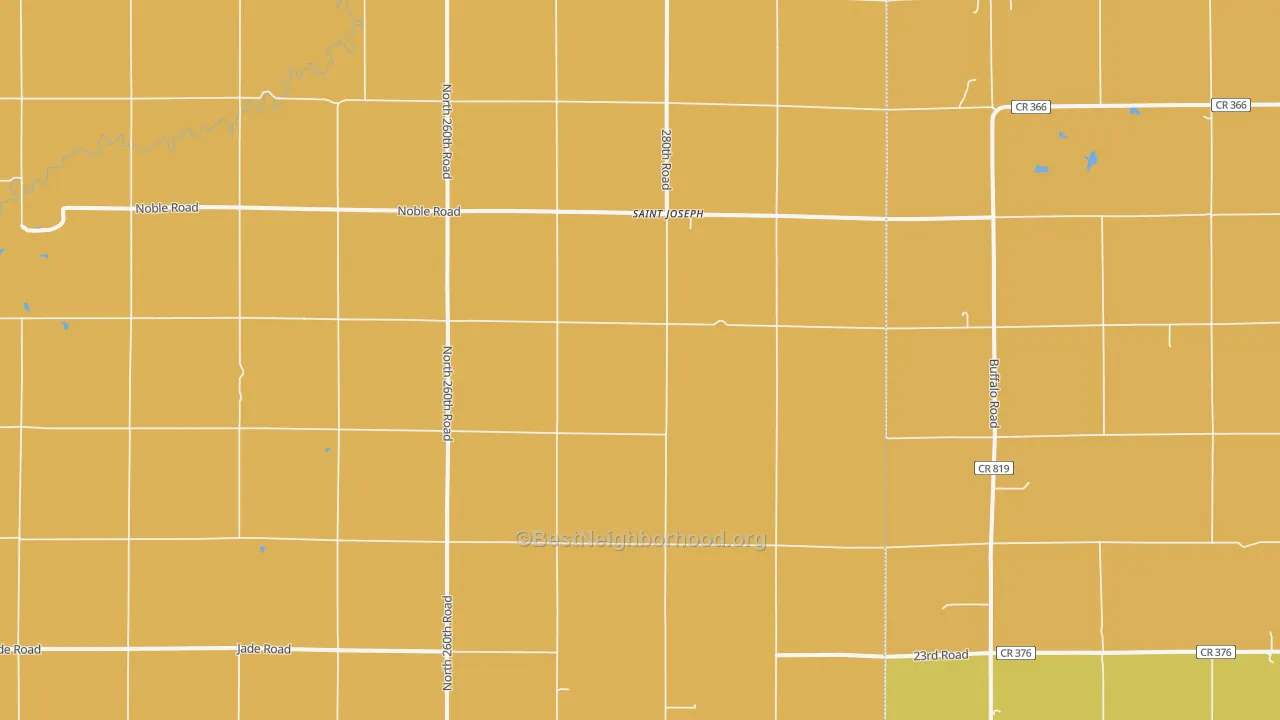 Map of the best neighborhoods in the St. Joseph area, with better matches in green and worse matches in red