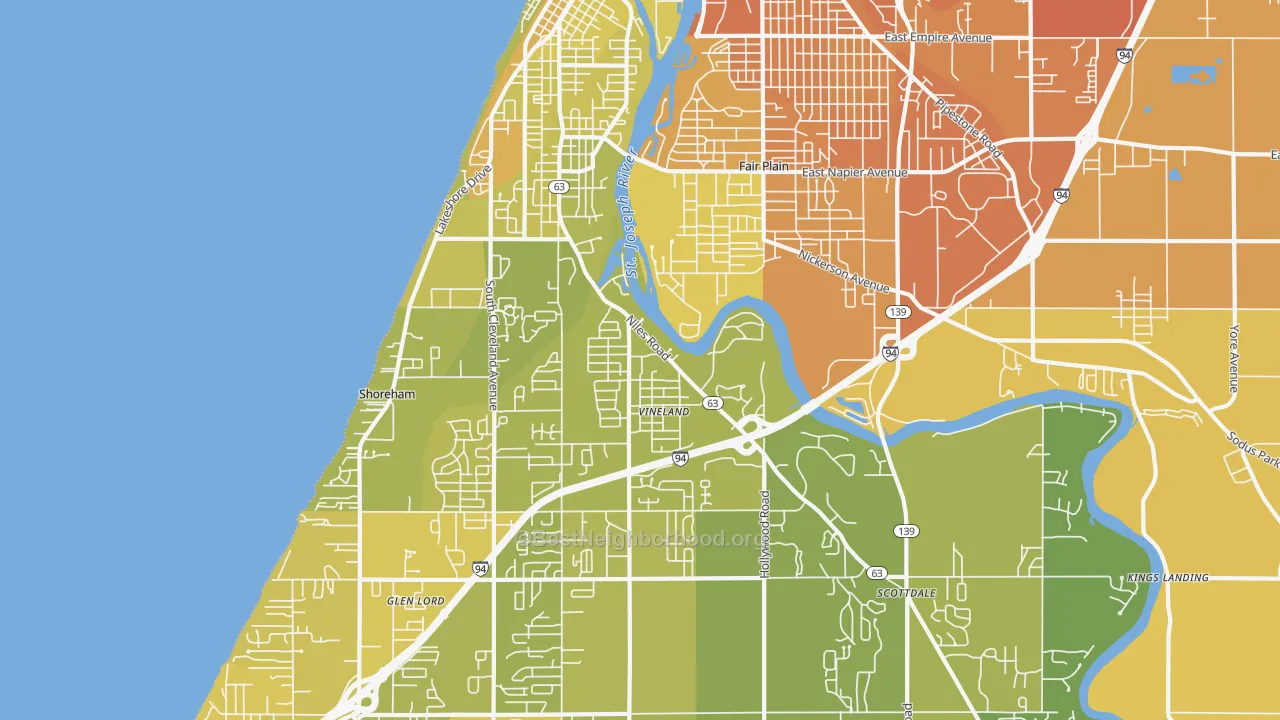 Map of the best neighborhoods in the St. Joseph area, with better matches in green and worse matches in red