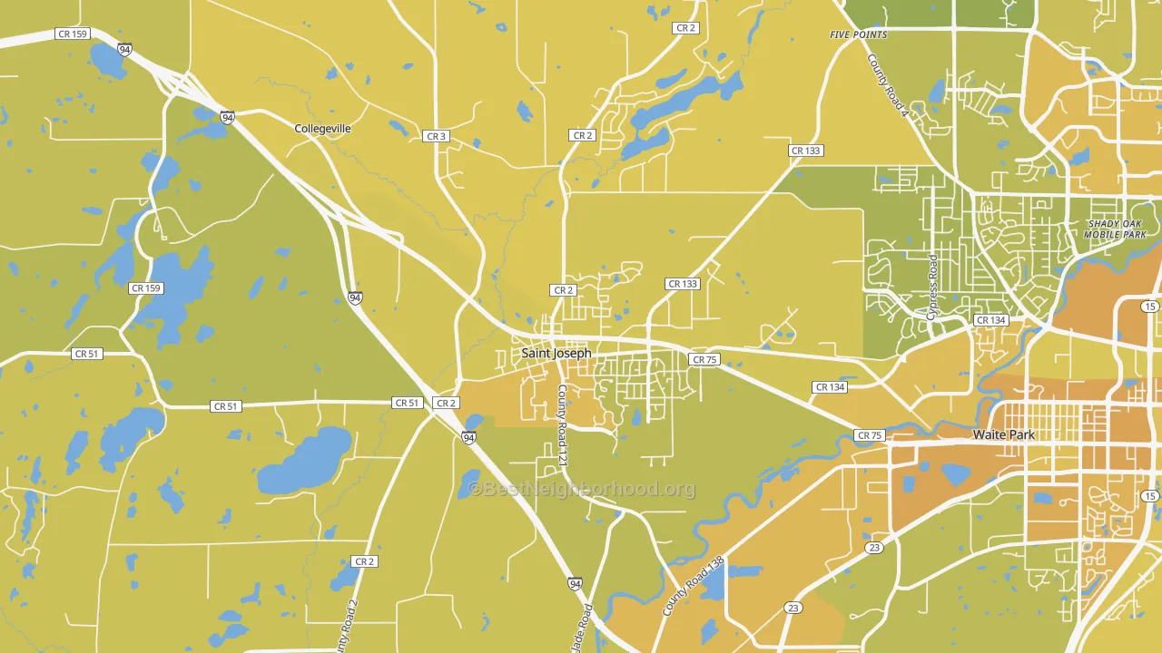 Map of the best neighborhoods in the St. Joseph area, with better matches in green and worse matches in red