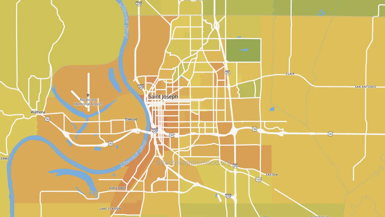 Map of the best neighborhoods in the St. Joseph Metro area, with better matches in green and worse matches in red