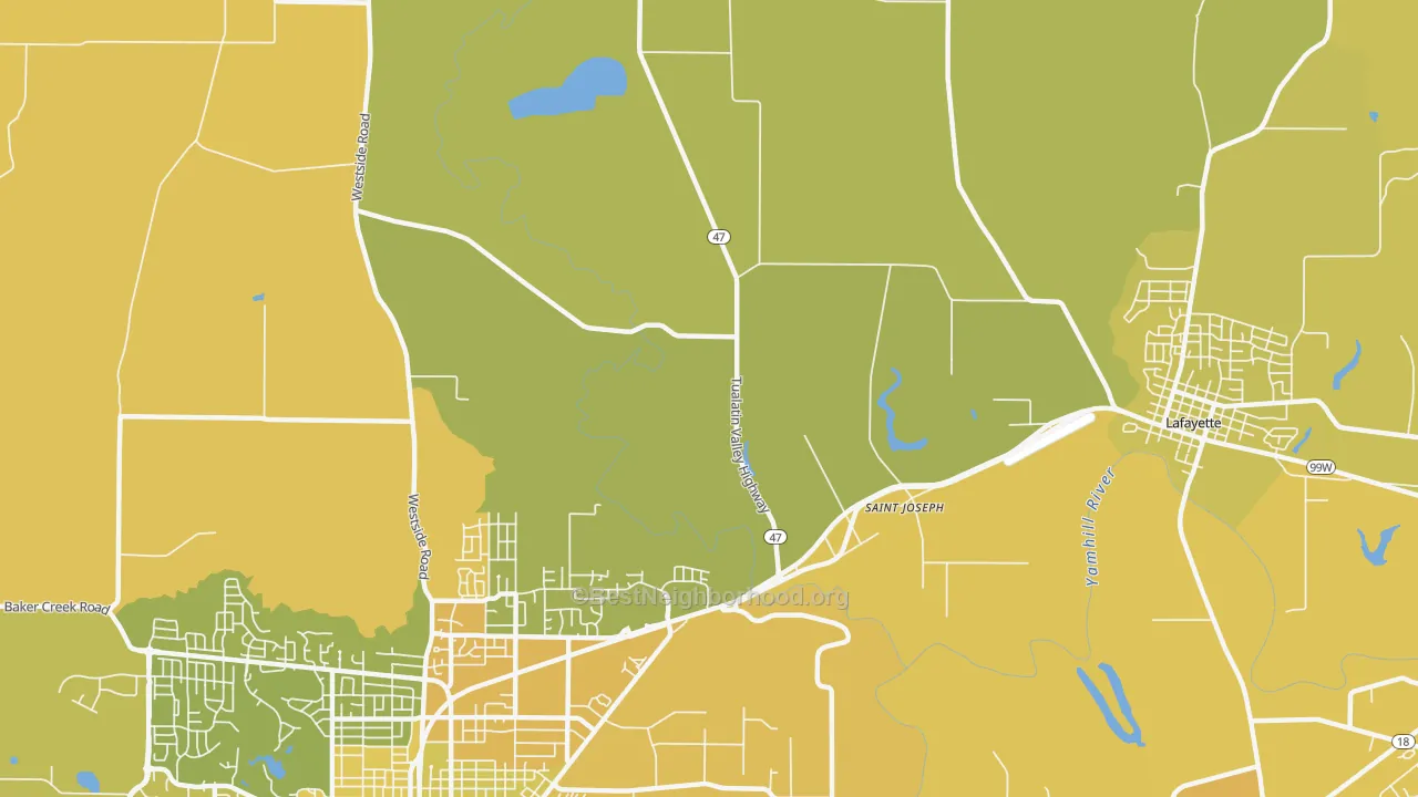 Map of the best neighborhoods in the St. Joseph area, with better matches in green and worse matches in red