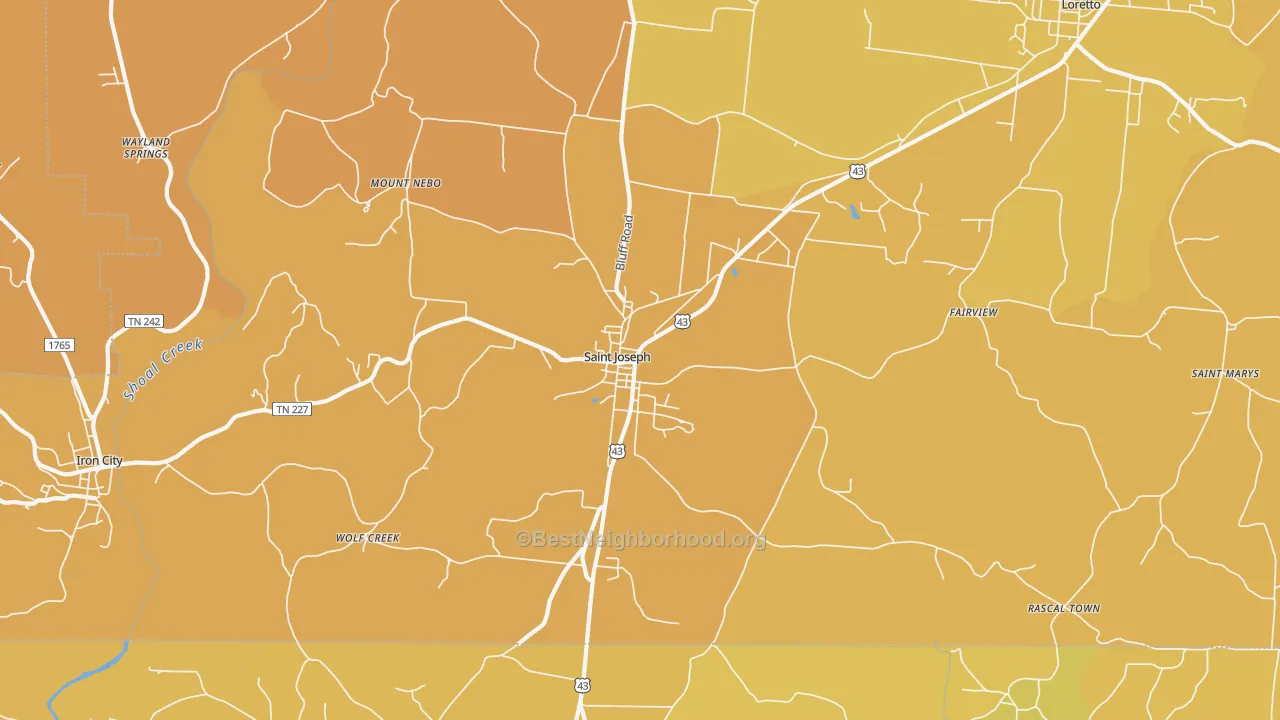 Map of the best neighborhoods in the St. Joseph area, with better matches in green and worse matches in red