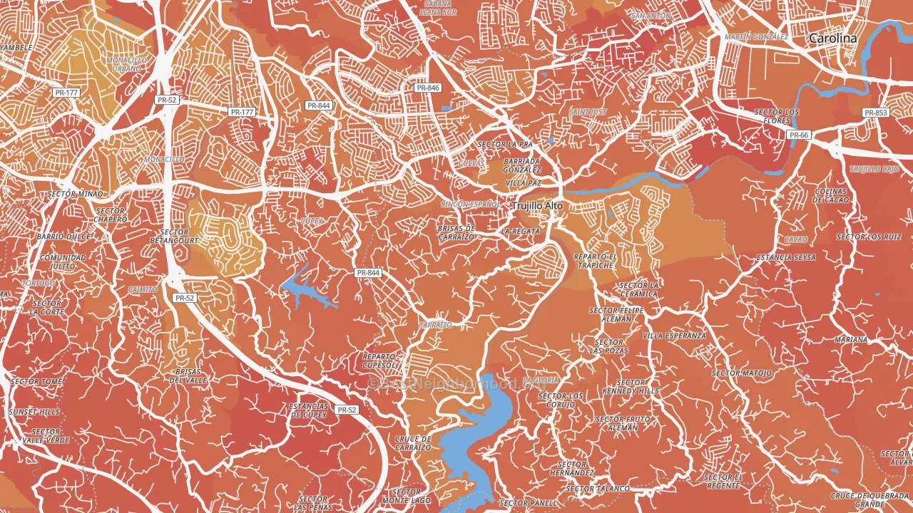 Map of the best neighborhoods in the St. Just area, with better matches in green and worse matches in red