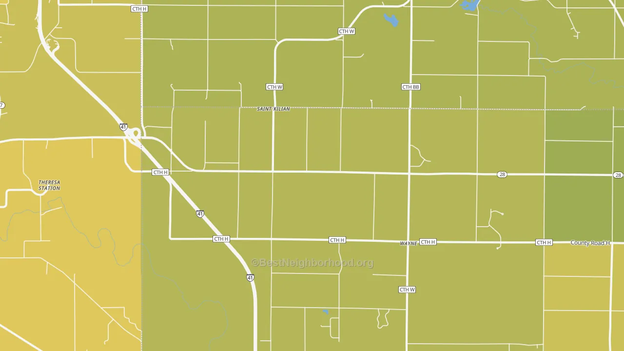 Map of the best neighborhoods in the St. Kilian area, with better matches in green and worse matches in red