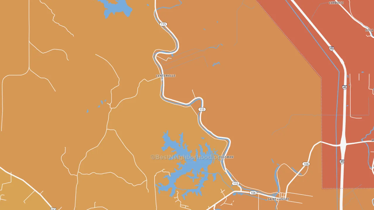 Map of the best neighborhoods in the St. Landry area, with better matches in green and worse matches in red