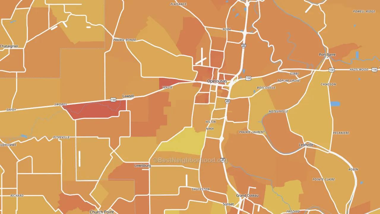 Map of the best neighborhoods in the St. Landry Parish area, with better matches in green and worse matches in red