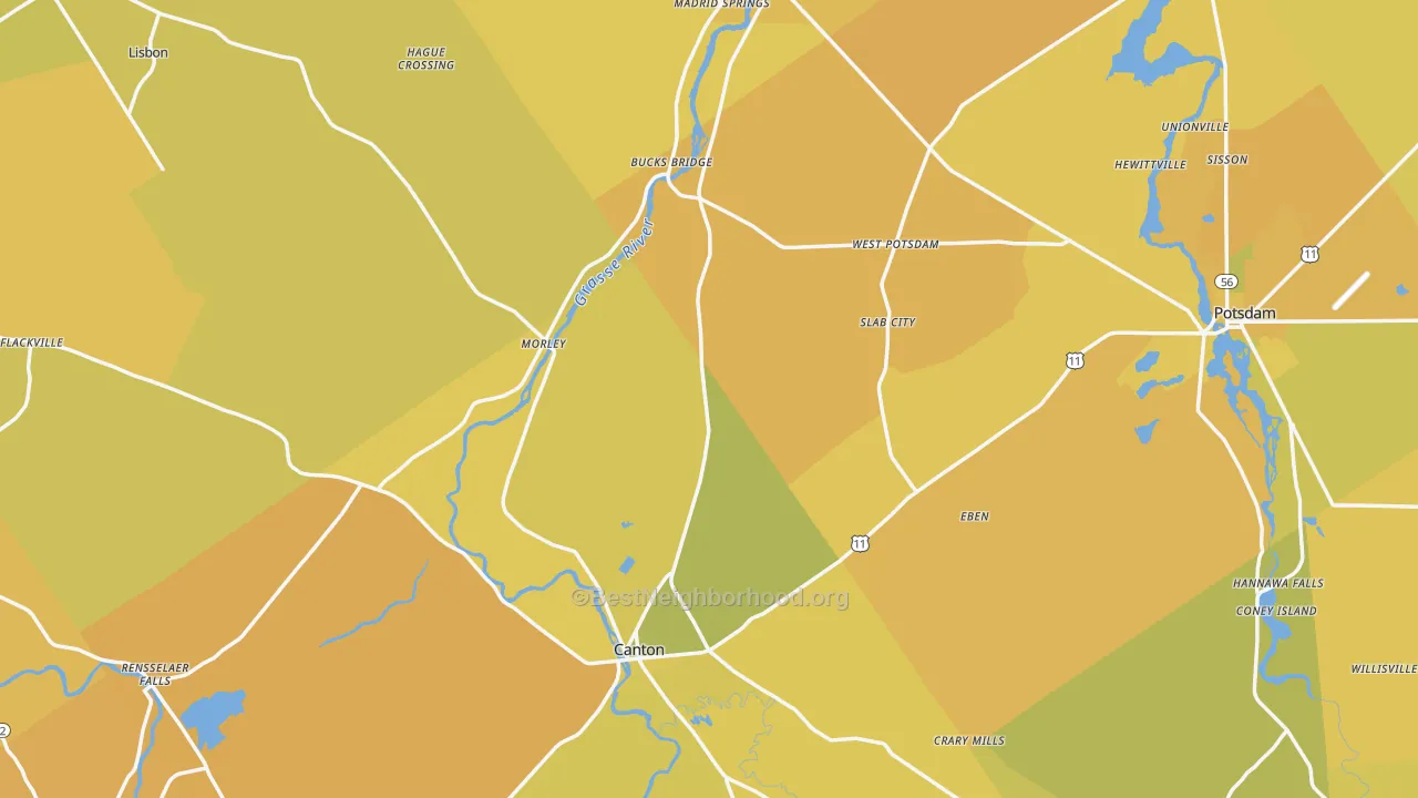 Map of the best neighborhoods in the St. Lawrence County area, with better matches in green and worse matches in red
