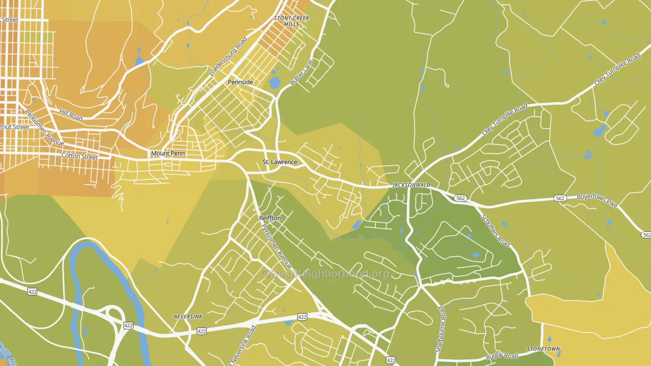 Map of the best neighborhoods in the St. Lawrence area, with better matches in green and worse matches in red
