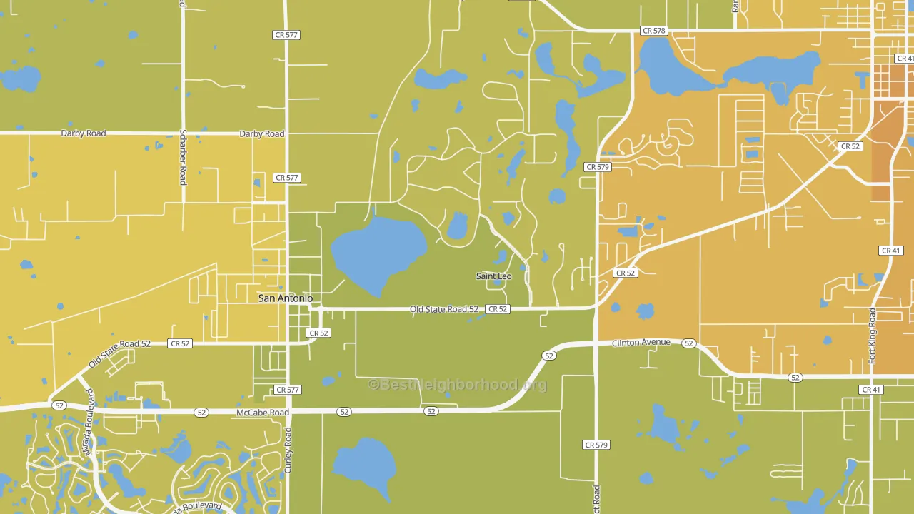Map of the best neighborhoods in the St. Leo area, with better matches in green and worse matches in red