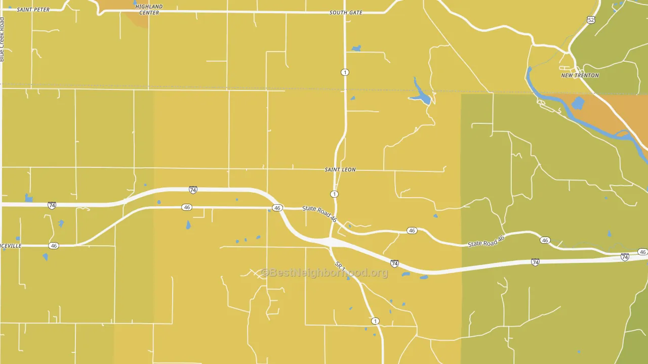 Map of the best neighborhoods in the St. Leon area, with better matches in green and worse matches in red