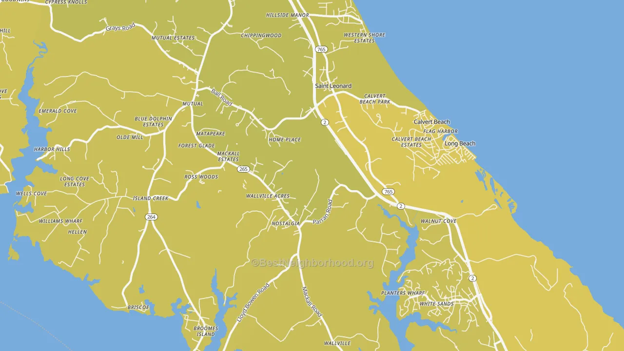 Map of the best neighborhoods in the St. Leonard area, with better matches in green and worse matches in red