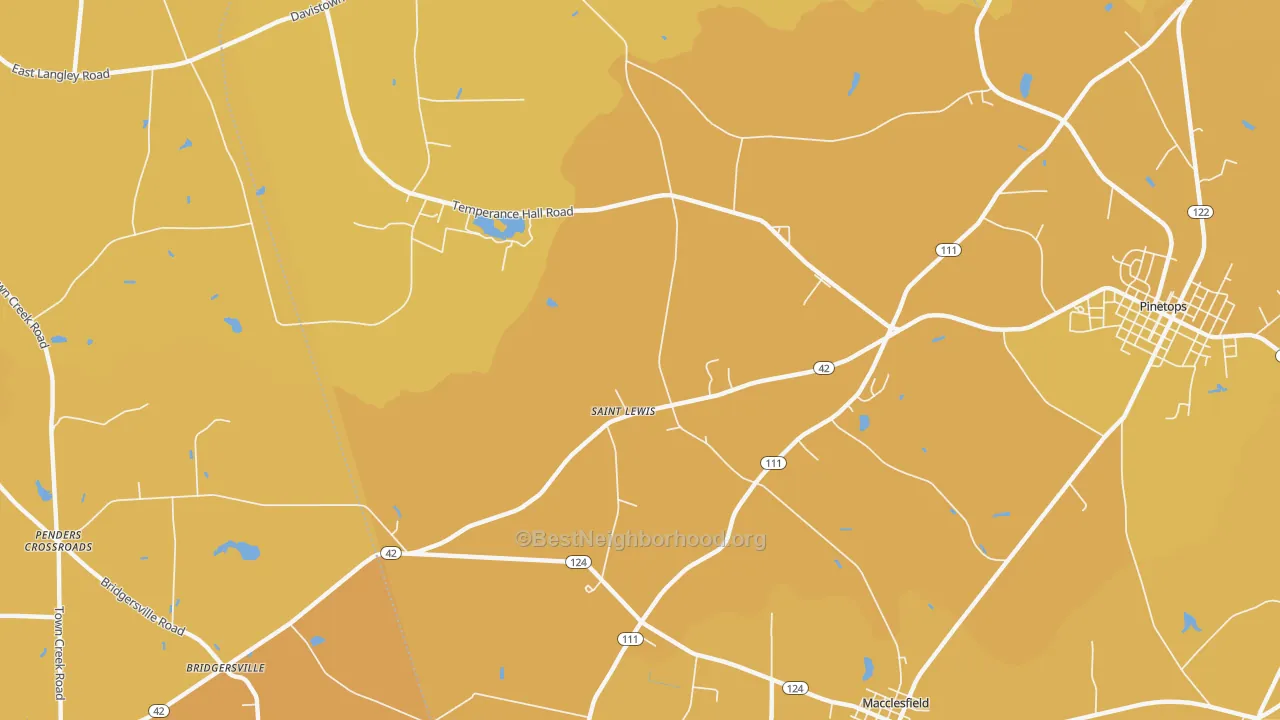 Map of the best neighborhoods in the St. Lewis area, with better matches in green and worse matches in red