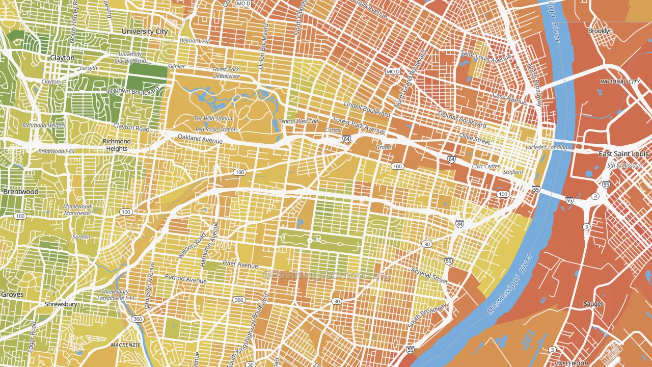 Map of the best neighborhoods in the St. Louis City area, with better matches in green and worse matches in red