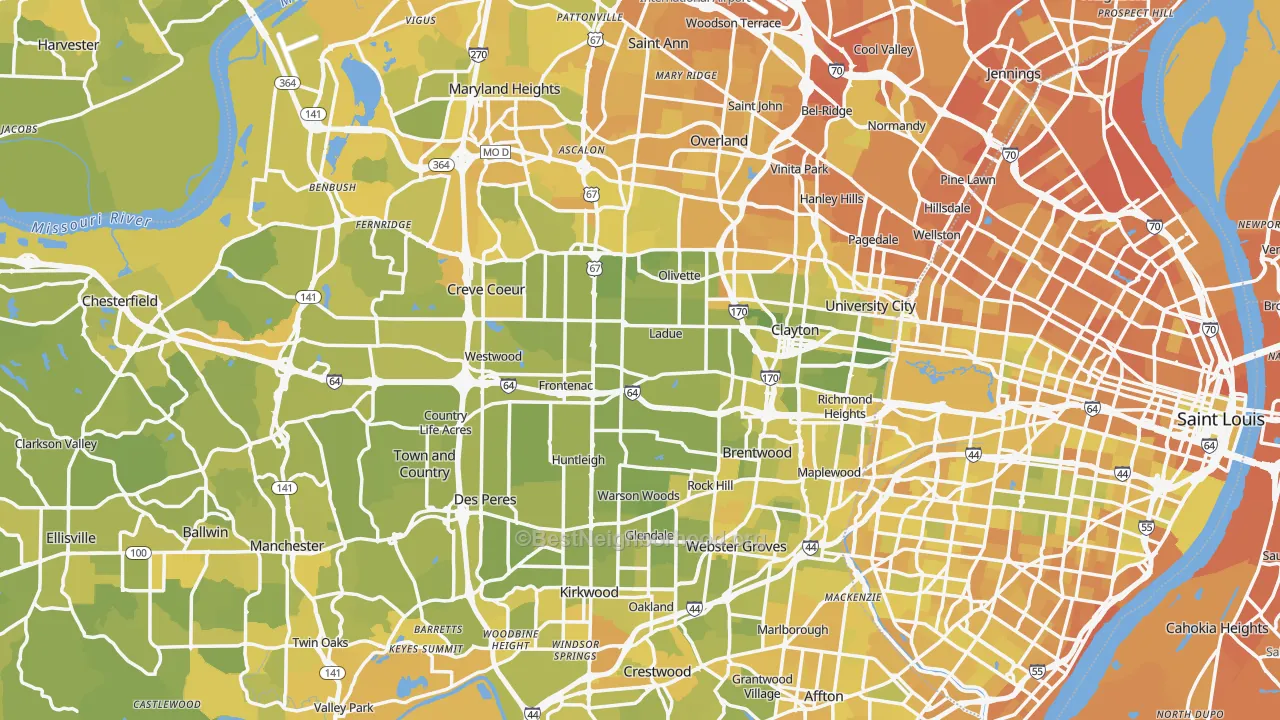 Map of the best neighborhoods in the St. Louis County area, with better matches in green and worse matches in red