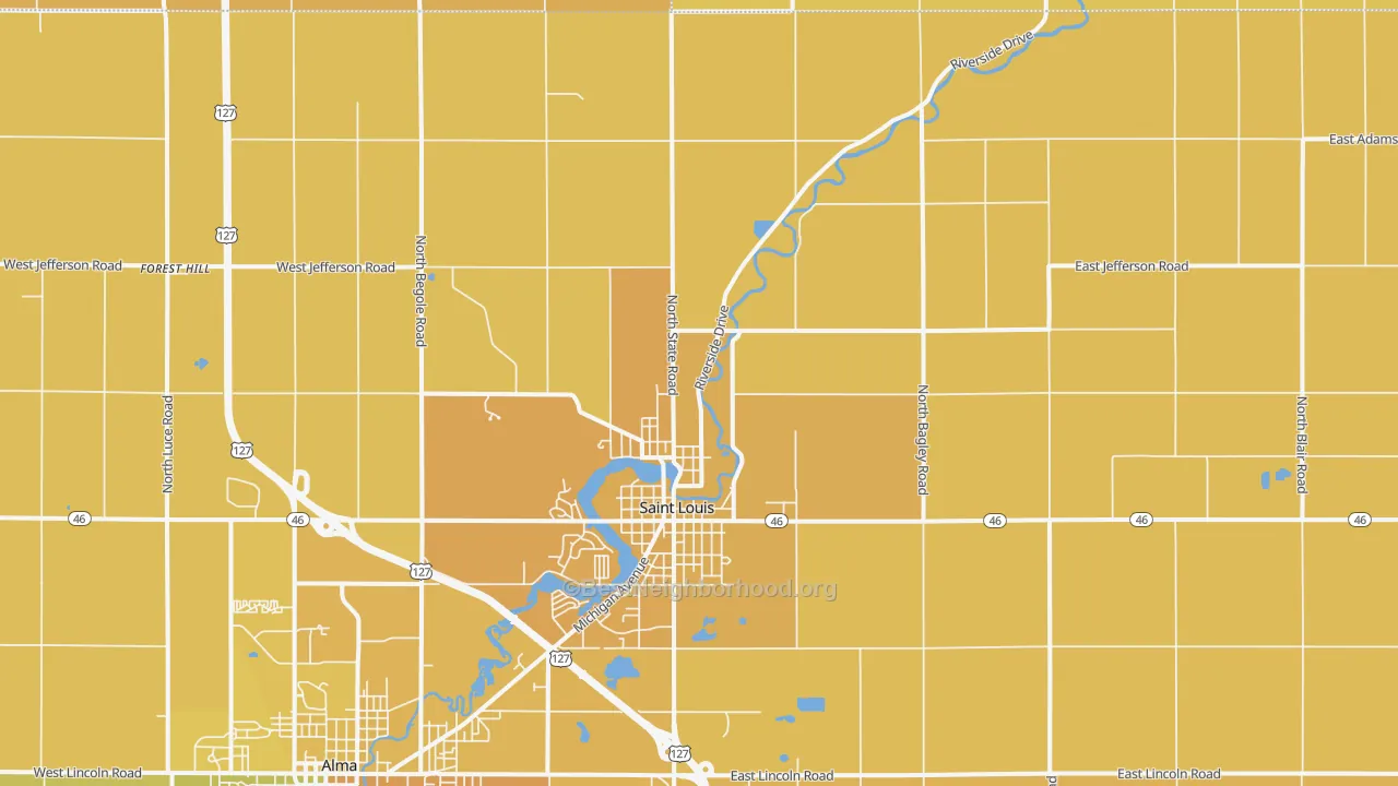 Map of the best neighborhoods in the St. Louis area, with better matches in green and worse matches in red