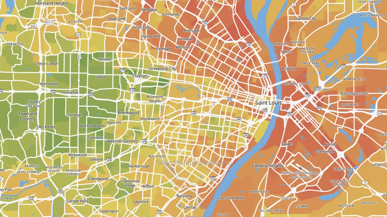 Map of the best neighborhoods in the St. Louis Metro area, with better matches in green and worse matches in red