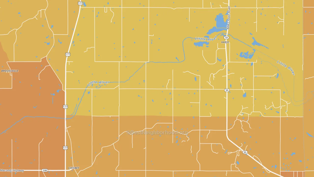 Map of the best neighborhoods in the St. Louis area, with better matches in green and worse matches in red