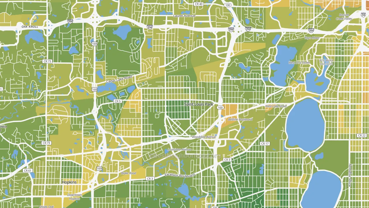Map of the best neighborhoods in the St. Louis Park area, with better matches in green and worse matches in red