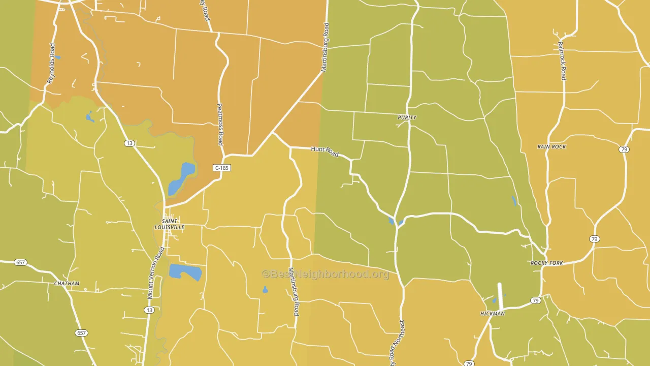 Map of the best neighborhoods in the St. Louisville area, with better matches in green and worse matches in red
