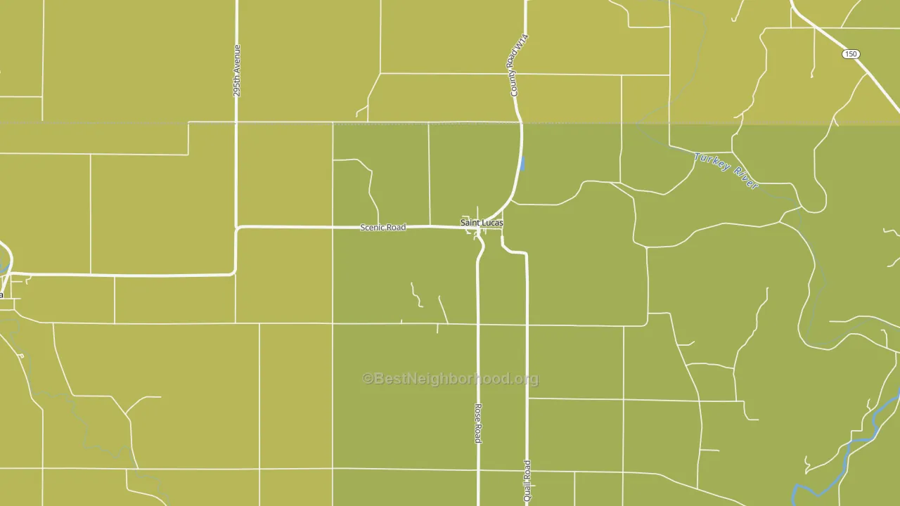 Map of the best neighborhoods in the St. Lucas area, with better matches in green and worse matches in red