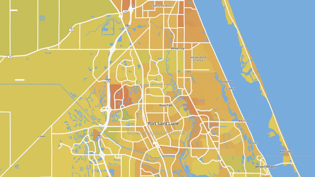 Map of the best neighborhoods in the St. Lucie County area, with better matches in green and worse matches in red