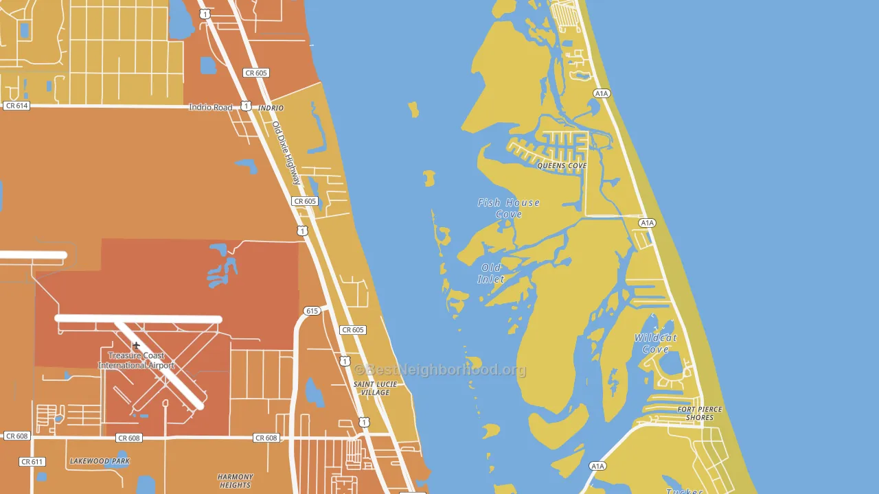 Map of the best neighborhoods in the St. Lucie Village area, with better matches in green and worse matches in red