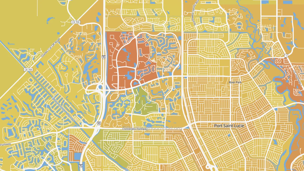 Map of the best neighborhoods in the St. Lucie West, Port St. Lucie area, with better matches in green and worse matches in red
