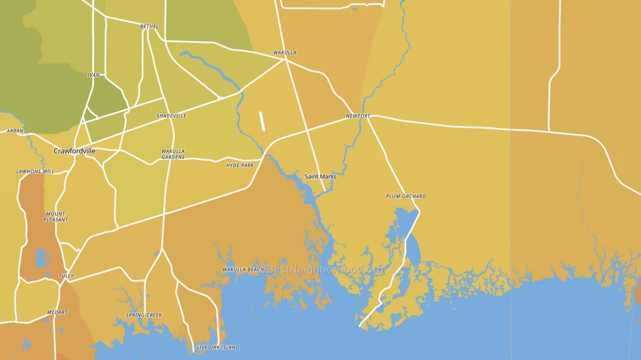 Map of the best neighborhoods in the St. Marks area, with better matches in green and worse matches in red