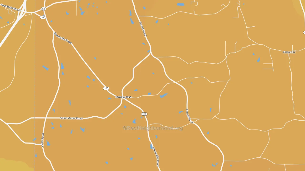 Map of the best neighborhoods in the St. Marks area, with better matches in green and worse matches in red