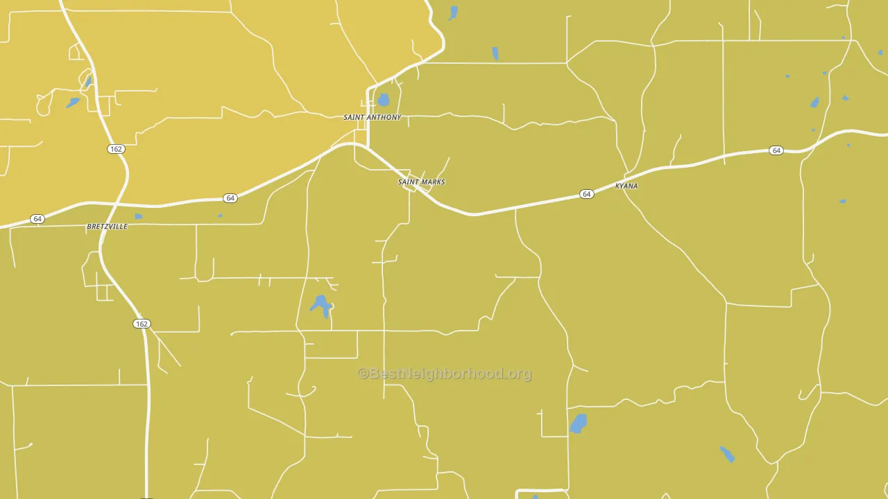Map of the best neighborhoods in the St. Marks area, with better matches in green and worse matches in red