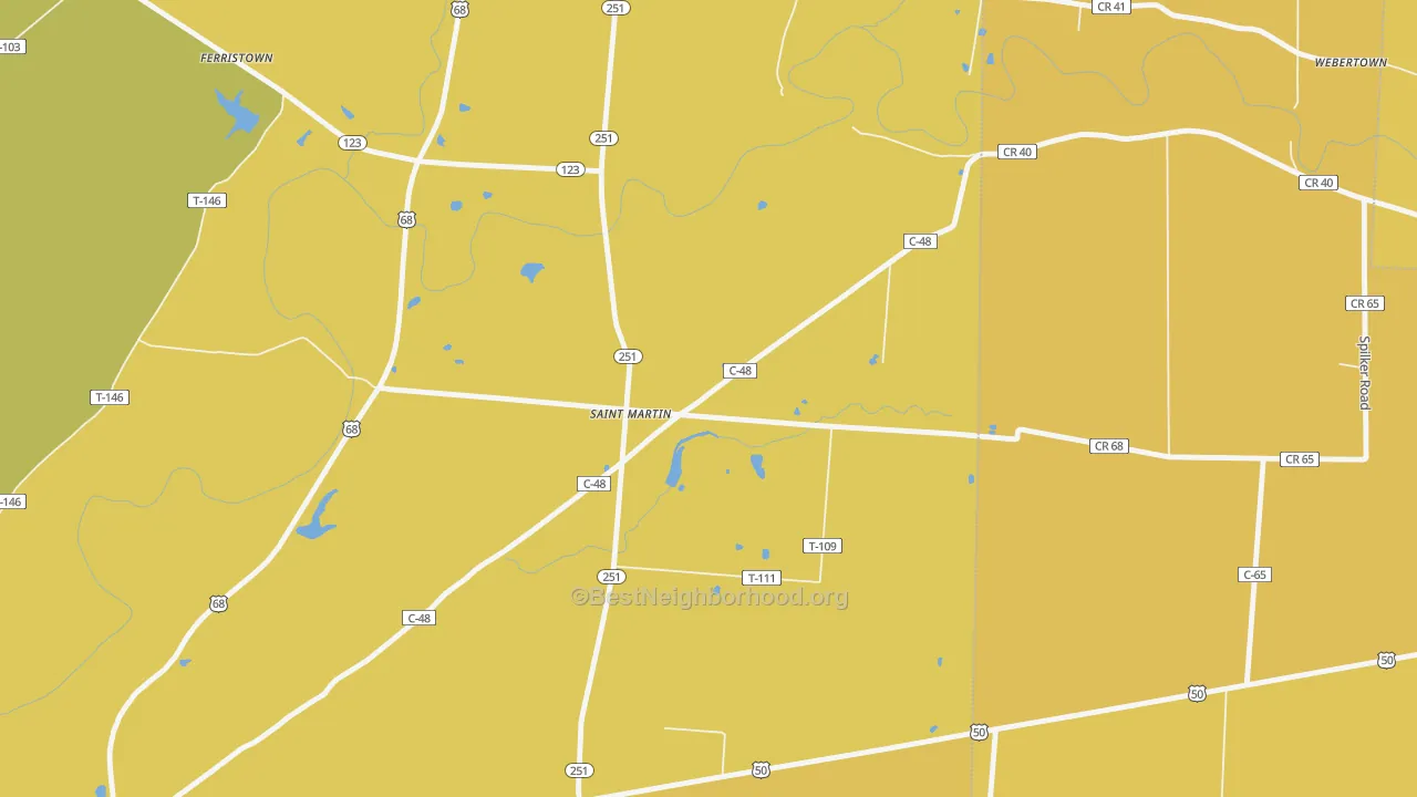 Map of the best neighborhoods in the St. Martin area, with better matches in green and worse matches in red