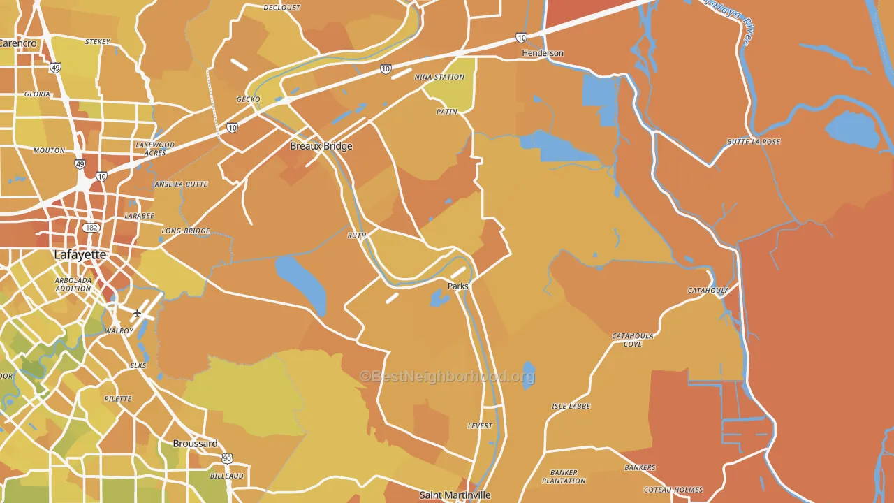 Map of the best neighborhoods in the St. Martin Parish area, with better matches in green and worse matches in red