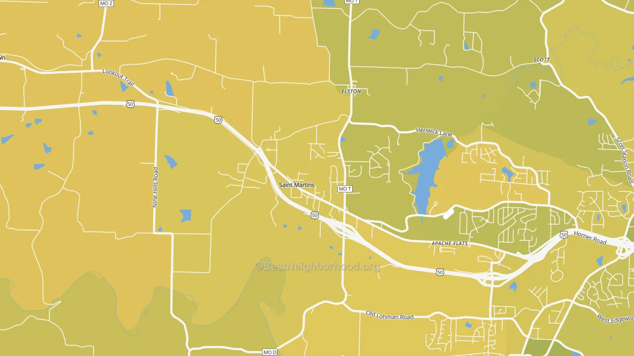 Map of the best neighborhoods in the St. Martins area, with better matches in green and worse matches in red